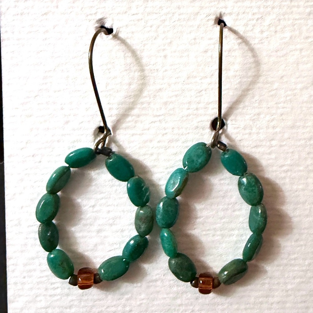 Turquoise and Amber Beaded hoop Earrings Bronze Tone‎ Boho Stephanie Aune